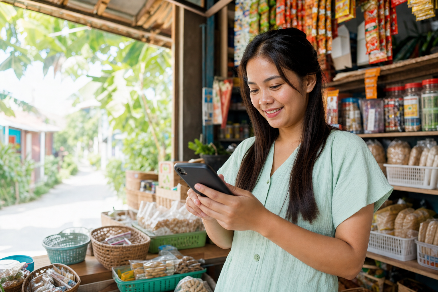 A Filipino small business owner using a mobile phone in her local shop