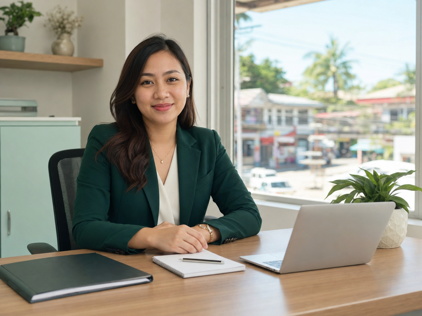 A Filipino Vine JT financial advisor at her office desk