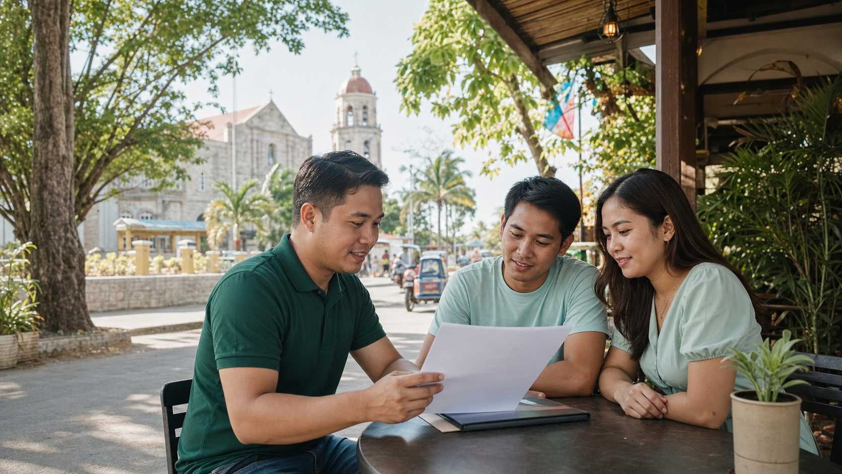 A Filipino financial advisor reviewing an application with a couple in Toledo City